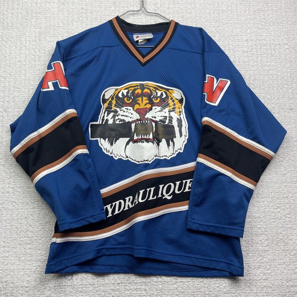 VTG Trimark Tiger Crunch Hockey Jersey Men Sz S Blue Brown Made in Canada Retro